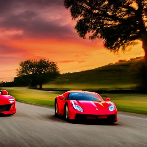 Image similar to cinematic fast sportscar reminiscent of ferrari and porsche in a lush field, shiny, red, beautiful lighting, photorealistic, sharp, sunset, by scott robertson