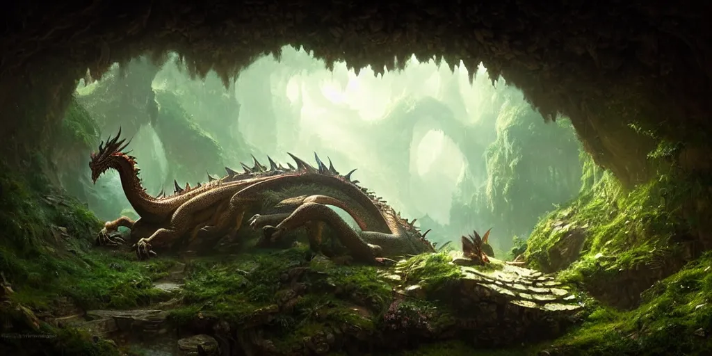 Prompt: Giant Dragon resting in a cave, natural light, lush plants and flowers, elegant, intricate, fantasy, atmospheric lighting, by Greg rutkowski