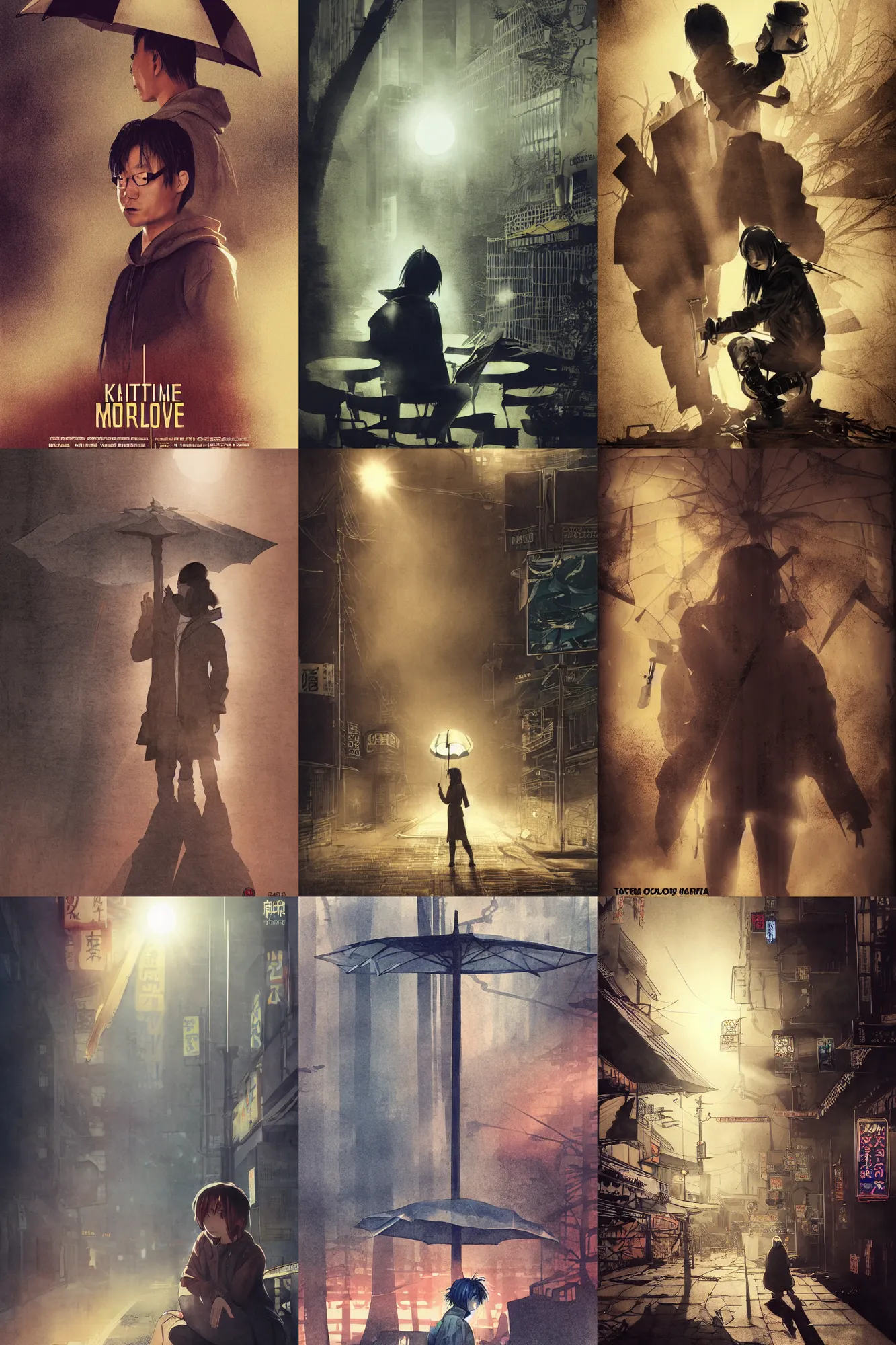 Prompt: tatsuyuki tanaka movie poster, genius party, shinjuku, koji morimoto, katsuya terada, masamune shirow, tatsuyuki tanaka, bold golden hour lighting,dusty, foggy, volumetric shadows, watercolor, paper texture, movie scene, distant shot of hoody girl side view sitting under a parasol in deserted dusty shinjuku junk town, old pawn shop, bright sun bleached ground ,scary chameleon face muscle robot monster lurks in the background, ghost mask, teeth, animatronic, black smoke, pale beige sky, junk tv, texture, strange, impossible, fur, spines, mouth, pipe brain, shell, brown mud, dust, bored expression, overhead wires, telephone pole, dusty, dry, pencil marks, hd, 4k, remaster, dynamic camera angle, deep 3 point perspective, fish eye, dynamic scene