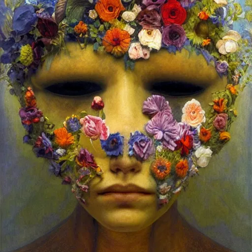 Image similar to masterpiece painting of a facemask made of flowers, by annie swynnerton and jean delville and tino rodriguez and diego rivera, photorealistic, flower mask, symbolist, dramatic lighting, god rays, elaborate geometric ornament, clean crisp graphics, soft cool colors, smooth sharp focus, extremely detailed