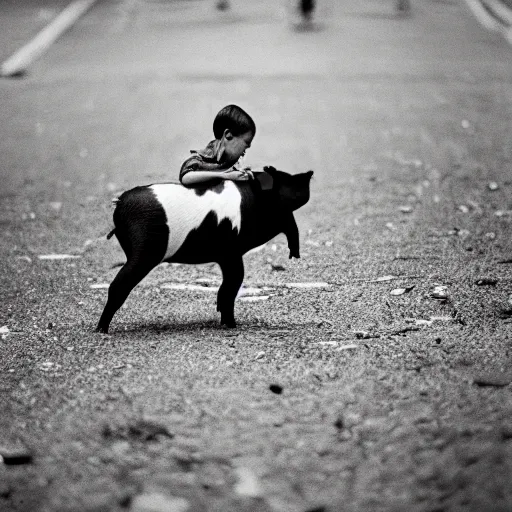 Prompt: illustration of boy riding pig, black and white, cinestill, 800t, 35mm, full-HD