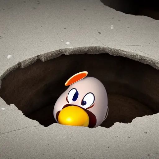 Image similar to photo of waddle dee squeezing out of the sink hole