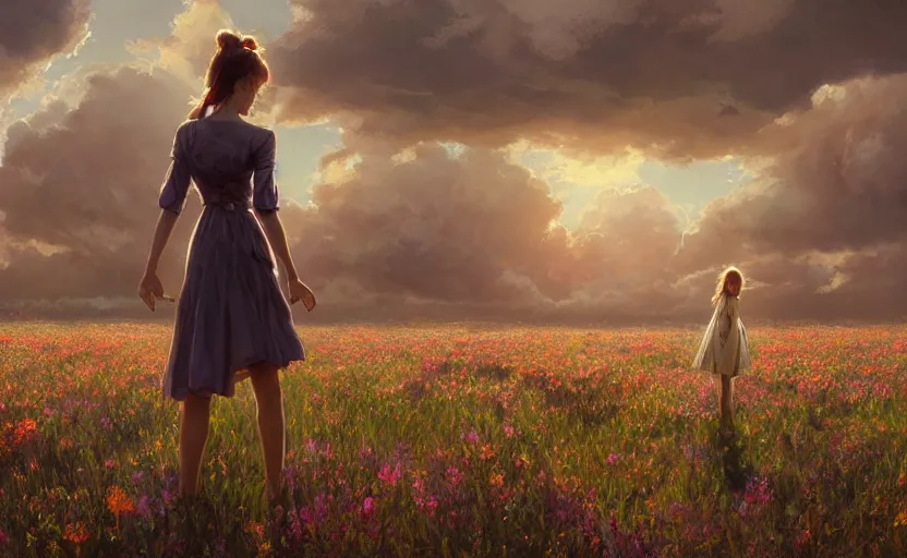 Prompt: detailed intricate digital illustration by greg rutkowski and artgerm and wlop and sanford robinson gifford ; girl standing in beautiful meadow with colorful flowers and puffy clouds in background ; 1 3 mm film, arri alfa anamorphic lens ; sharp focus, golden hour lighting, trending on artstation 4 k ; close view