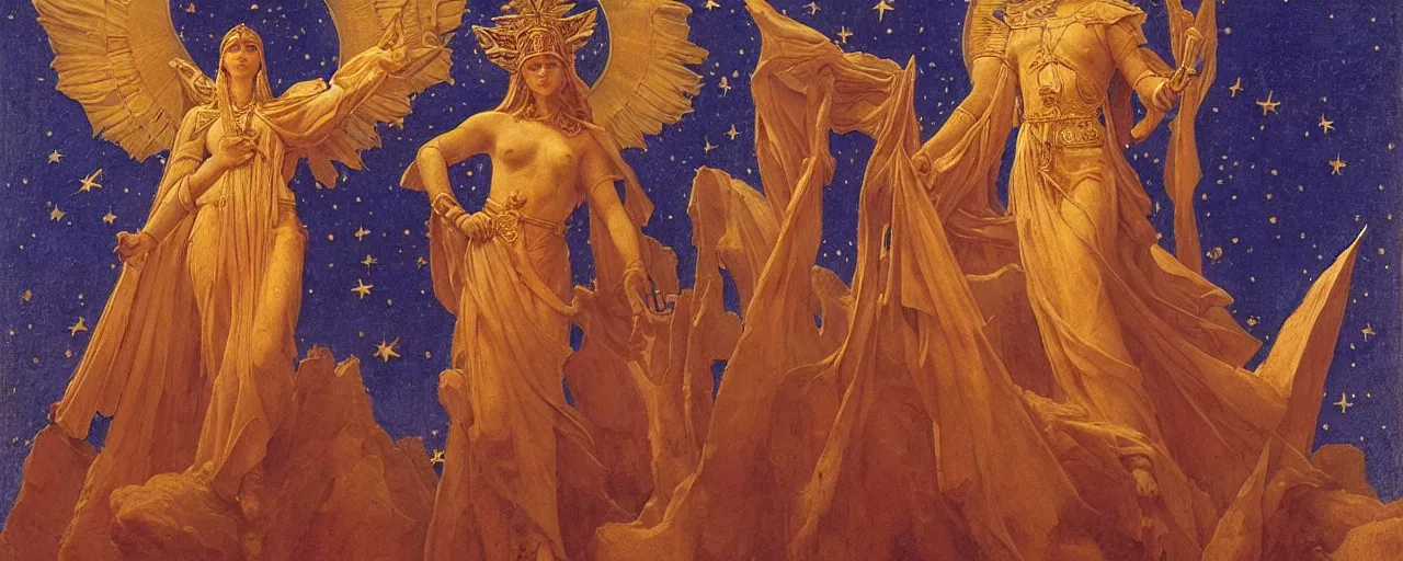 Prompt: saint woman, venus, athena, queen, by annie swynnerton and nicholas roerich and jean delville, strong dramatic cinematic lighting, ornate headdress, flowing robes, lost civilizations, smooth, sharp focus, extremely detailed, marble, stars, gold, space