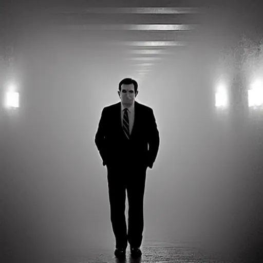 Prompt: Ted Cruz standing at the end of a long, narrow corridor, black and white, creepy lighting, foggy atmosphere, scary, horror, ornate, eerie, fear