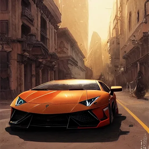 Image similar to lamborghini with dinosaur near a obi store, highly detailed, concept art, art by wlop and artgerm and greg rutkowski, masterpiece, trending on artstation, 8 k