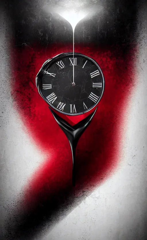 Image similar to a melting Roman numeral clock, behind a red and black gradient background, awith a black heart shaped on the top left corner and a black diamond card shape in the bottom right corner, dynamic lighting, photorealistic fantasy concept art, trending on art station, stunning visuals, cinematic, creative, ultra detailed