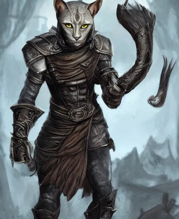 Image similar to humanoid male khajiit rogue, wearing leather armor, magic the gathering, fantasy