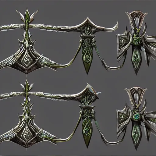 Prompt: concept art of elven totemic bow weapon, symmetry, bow design, fantasy bow, fantasy, behance, pinterest, deviantart, artstation, weapons concept art, design, rpg, weapon, detailed, digital art, incredible, digital painting