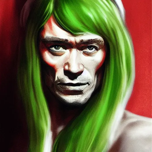 Image similar to peter o'toole, messy green hair, white face, red lips, portrait, realistic, concept art, lee bermejo, influenced by lawrence of arabia