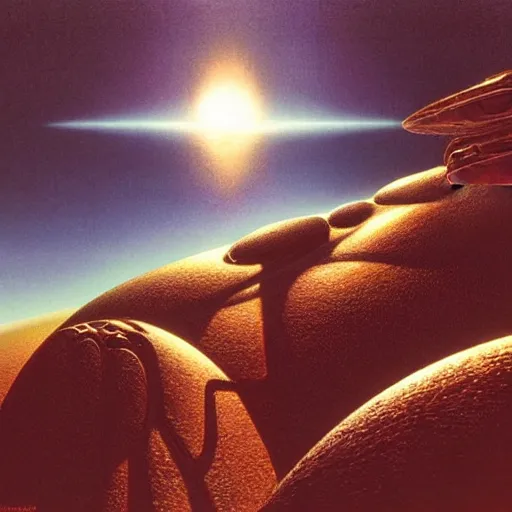 Image similar to golden shores on an alien planet, sci - fi, daylight, blue sky, syd mead, john harris