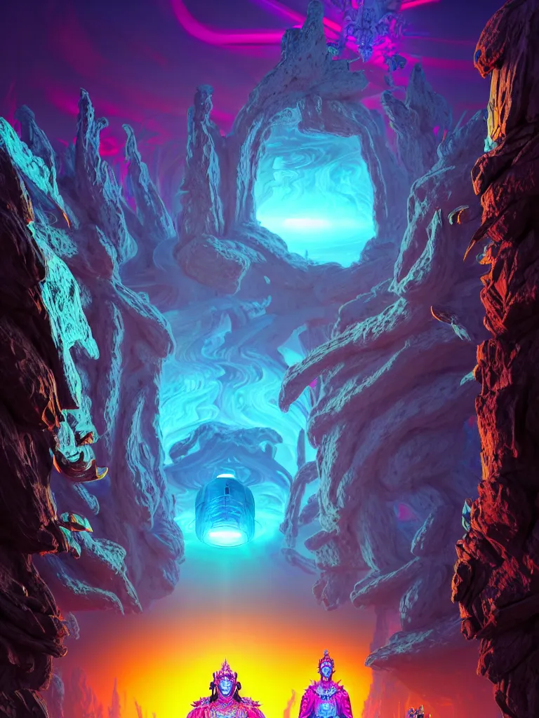 Image similar to entrance to ethereal realm, vishnu waiting, rendered in unreal engine, central composition, symmetrical composition, dreamy colorful cyberpunk colors, 6 point perspective, fantasy landscape with anthropomorphic!!! terrain!!! in the styles of igor morski, jim warren, and rob gonsalves, intricate, hyperrealistic, volumetric lighting, neon ambiance, distinct horizon