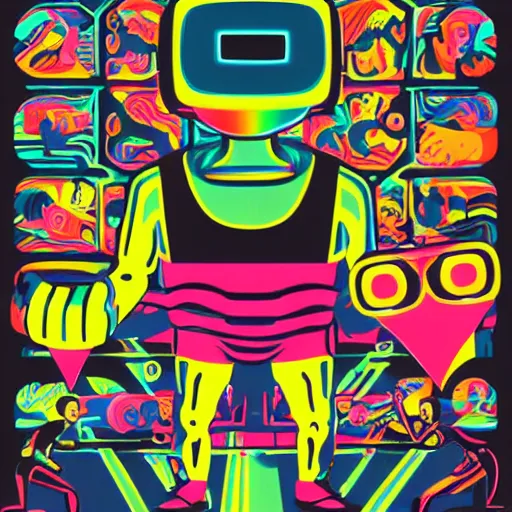 Image similar to wrestlers wearing vr headsets, vr goggles, shrugging, shrugging arms, intricate complexity, inverted neon rainbow drip paint, trending on art station, digital illustration by tom whalen