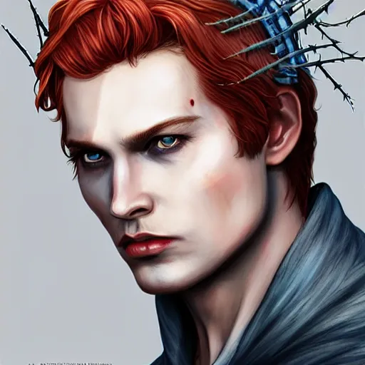 Prompt: Lucifer as an attractive cody fern with blue eyes and long dirty blonde hair with a chiseled jawline, wearing a demonic crown of thorns, 4k digital character design by Artgerm, WLOP, beeple, Hi-Fructose, James Jean, Andrei Riabovitchev, Marc Simonetti, yoshitaka Amano, Artstation, CGsociety