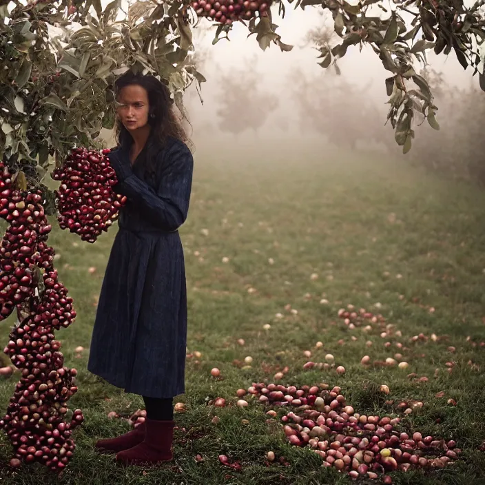 Image similar to a closeup portrait of a woman wearing twisted knotted iridescent ribbon, picking pomegranates from a tree in an orchard, foggy, moody, photograph, by vincent desiderio, canon eos c 3 0 0, ƒ 1. 8, 3 5 mm, 8 k, medium - format print