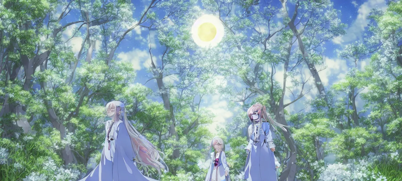 Image similar to illyasviel walking through enchanted ghibli clover | Big Moon at Blue Night | Trees with white flowers | bioluminescent blue FLOWERS | strong blue rimlit | visual-key | anime illustration | highly detailed High resolution | Light Novel | Visual Novel | In the style of Miyama-Zero, Yuuki Hagure