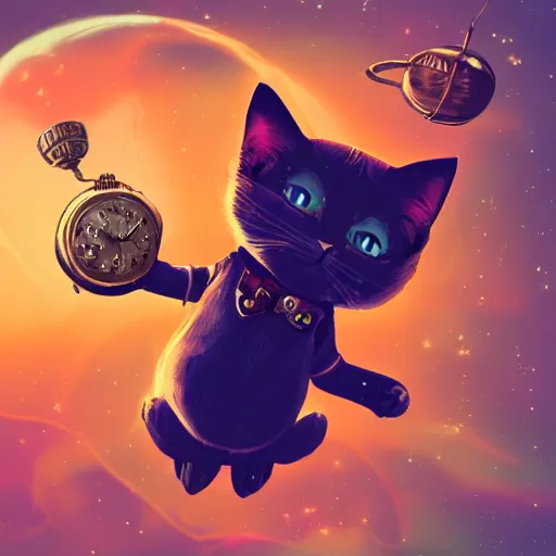 Image similar to A lazy steampunk cat jumping over the galaxy, digital illustration, concept art, 8k, trending on artstation