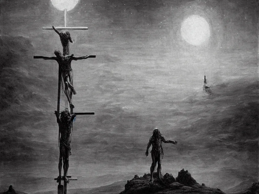 Image similar to jesus christ crucifixion in distance on an alien planet by beksinski, wide angle, beksinski monsters around, fantasy, scary, award winning 8k high detail highly detailed