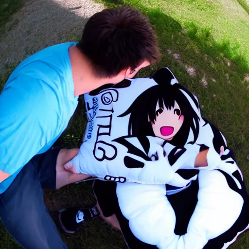 Image similar to pov, gopro footage, fisheye lens, hugging my waifu pillow