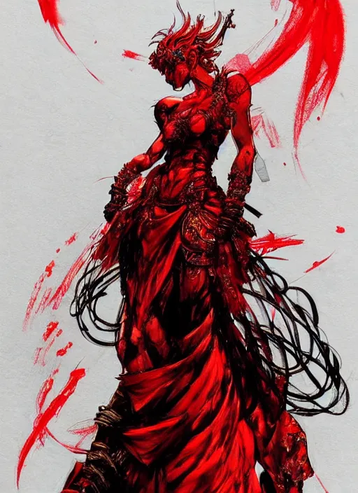 Prompt: half body portrait of blood deity, beautiful woman in an ornate red dress. in style of yoji shinkawa and hyung - tae kim, trending on artstation, dark fantasy, great composition, concept art, highly detailed, dynamic pose, vibrant colours.