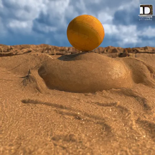 Image similar to in the center of a large sandy quarry in the sand lies a large golden ball, a broken excavator is standing nearby, an anomalous air funnel is nearby, 3 d render, high quality, depth of sharpness, focus on the object