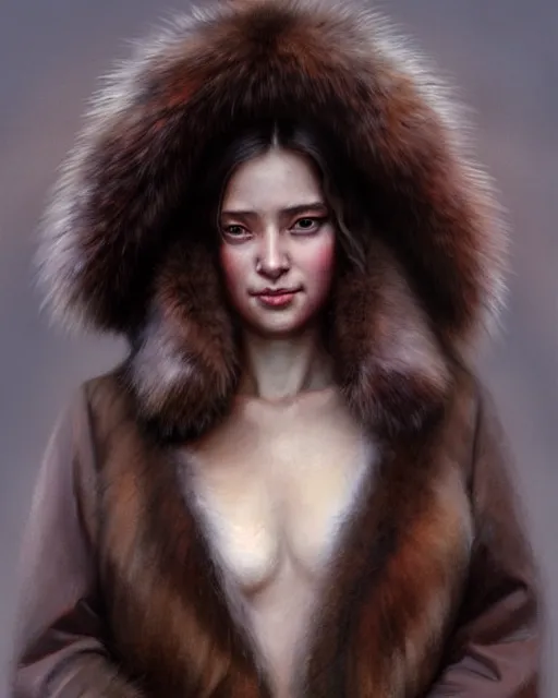 Image similar to a beautiful siberian girl with bear fur coat and decollete | | realistic shaded, unpleasant face, bad looking, fine details, realistic shaded lighting poster by greg rutkowski, magali villeneuve, artgerm, jeremy lipkin and michael garmash and rob rey