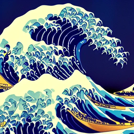 Image similar to great wave off kanagawa, octane render, 4k, neon, shiny, soft