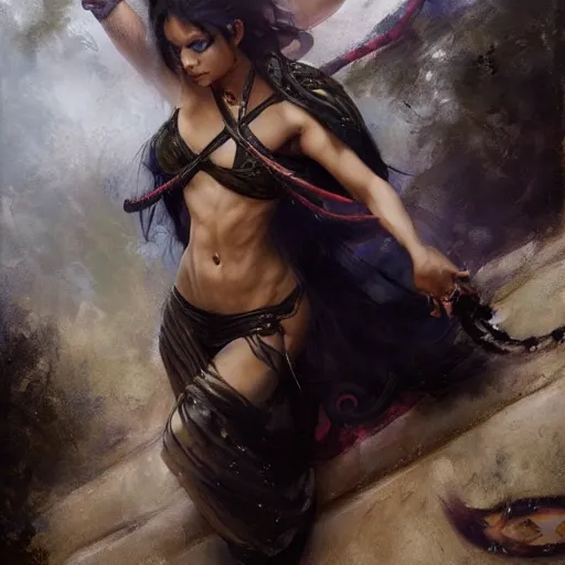 Image similar to nagas, female, long, black scales, chest coverd, cinematographic shot, by daniel f. gerhartz