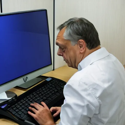 Image similar to viktor orban programming on a computer in a cubicle, oil painting