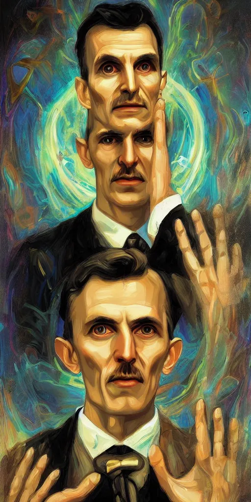 Image similar to nikola tesla holding energy psytrance portrait artwork, by sam spratt