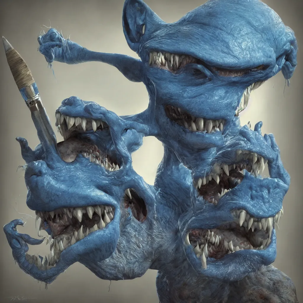 Prompt: a beautiful portrait of a happy blue goblin creature with a paint brush by james gurney | unreal engine :. 3