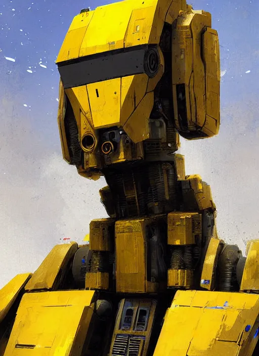 Prompt: tall strong intricate yellow pit droid, flat head painterly mecha, by Greg Rutkowski