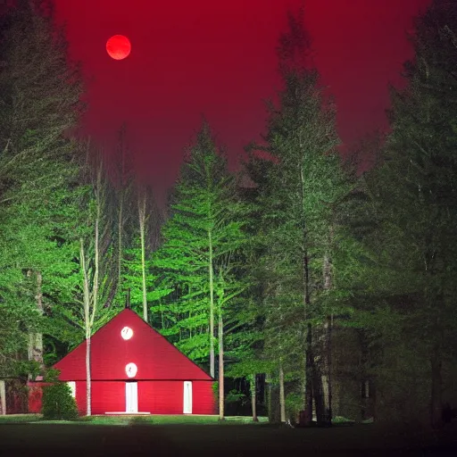 Image similar to photograph of a midwestern church at night with red light coming from the windows, ominous forest in the background