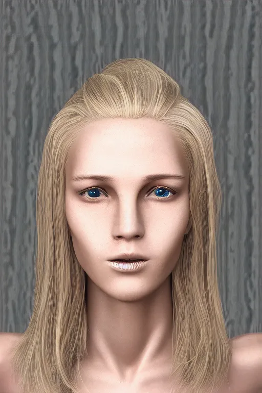 Image similar to robot with human face, female head, full body angle, woman human face, human face realistic, beautiful blonde hair, human head, human head with blonde hair, blonde hair human head, blonde hair, human realistic face, human head skin, cyborg frame concept, cyborg by ales-kotnik, sci-fi android female, the body is made of wires, robotic body, cyborg body, cyborg bust body, robot body cyborg, full body