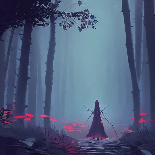 Image similar to an evil woman [ cursing a forest with red magic ]!, stands in the middle of a pathway in a timid forest, trending on cgsociety, digital art, illustrated by max hay and anton fadeev, bioluminescent atmosphere, back view, intricate