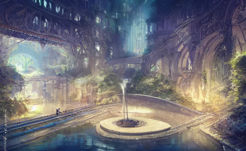 Image similar to An urban train rides inside of a waterway on a fantasy city, next to a fountain and a mystical palace. By William-Adolphe Bouguerea, Jordan grimmer, fractal flame. Highly_detailded