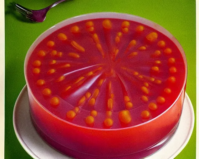 Prompt: 1970's cookbook color photograph of jello cake ambrosia detail high detail