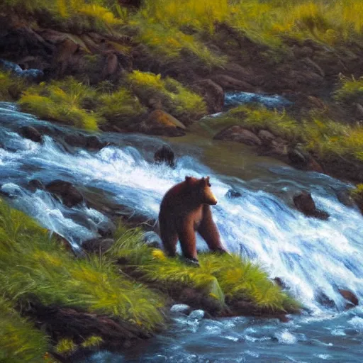 Image similar to oil painting, bear stretching out its arm to catch a salmon alongside a river in Alaska, high detail