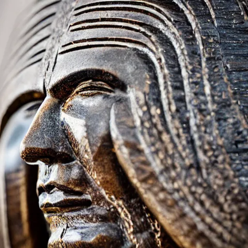 Prompt: a scenic view of a Maori warrior statue made with etched wood, long lens, depth of field, detailed, texturized