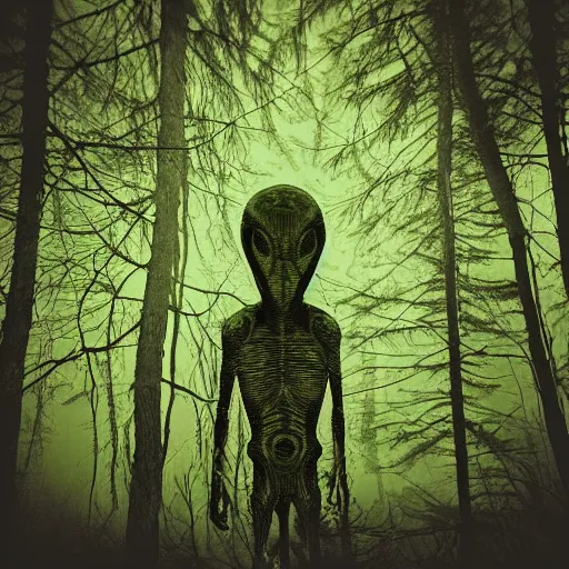 Image similar to grainy surveillance photo still of an alien in the woods at night hiding in the trees of a forest