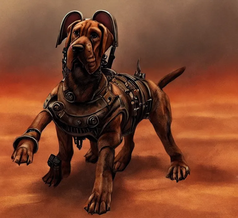 Image similar to a good ol'floppy - eared bloodhound pup fursona ( from the furry fandom ), heavily armed and armored facing down armageddon in a dark and gritty version from the makers of mad max : fury road. witness me.