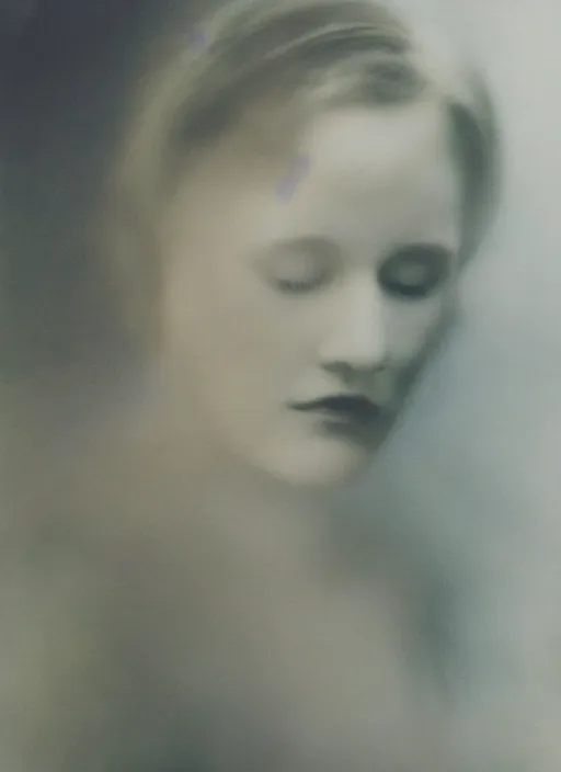 Image similar to out of focus photorealistic portrait of < zelda fitzgerald > as a beautiful young lady by sarah moon, very blurry, translucent white skin, closed eyes, foggy, closeup