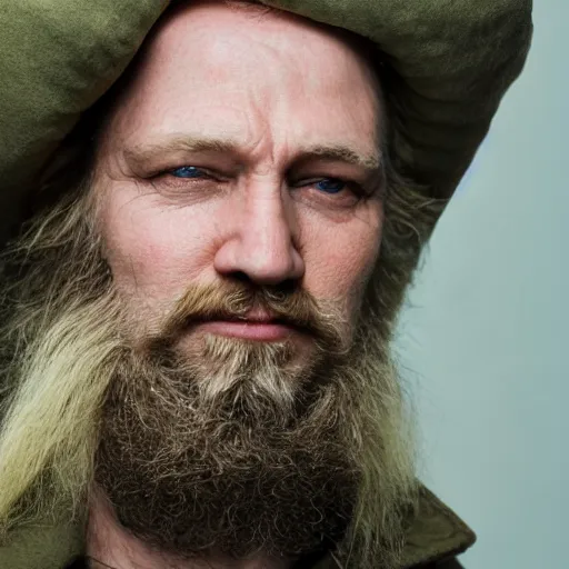Prompt: close up of face of average looking 5 0 year old polish blond man with a blond beard and blond mutton chops, short wavy blond hair, green eyes, 1 8 0 0 s soldier, portrait, 4 k