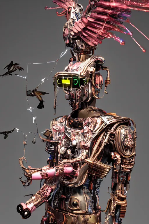 Image similar to full-body cyberpunk style sculpture of a young handsome Colombian prince half android with a chest opening exposing circuitry and electric sparks, glowing pink eyes, crown of blue flowers, flowing salmon-colored silk, fabric, raptors. baroque elements. full-length view. baroque element. intricate artwork by caravaggio. many many birds birds on background. Trending on artstation, octane render, cinematic lighting from the right, hyper realism, octane render, 8k, depth of field, 3D