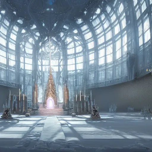 Image similar to a spiritual matte painting by feng zhu of a contemporary crystal throne room, unreal engine, ue5, concept art, wide angle, high detail, 4k hd wallpaper