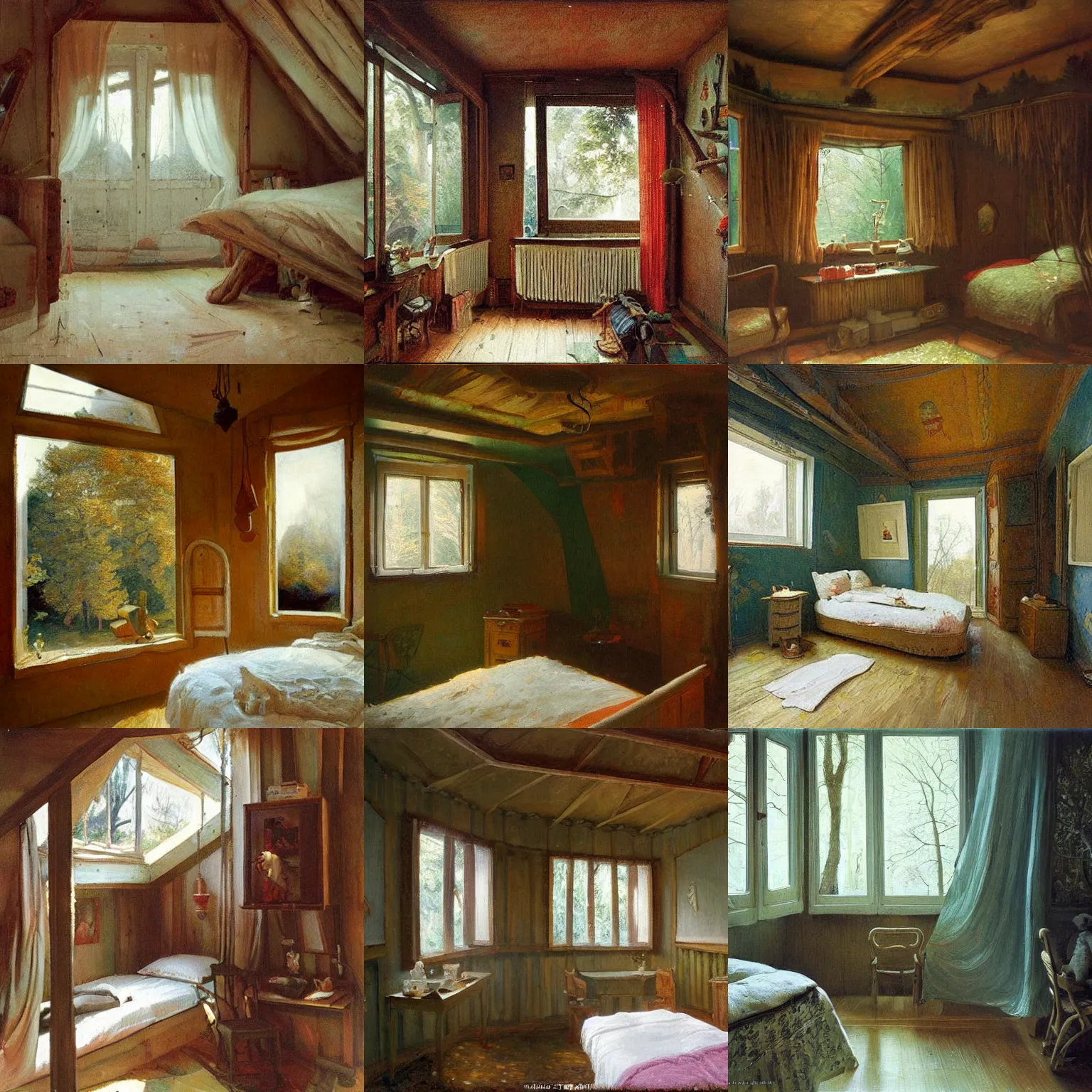 Prompt: Cozy treehouse bedroom painted by Ivan Kramskoi, very clean lines