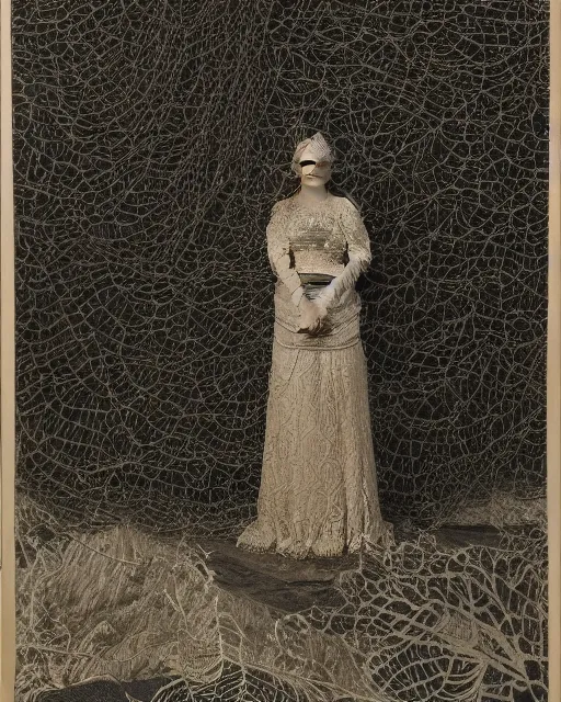 Image similar to a woman standing by the sea, made of intricate decorative lace leaf skeleton, in the style of the dutch masters and gregory crewdson, dark and moody