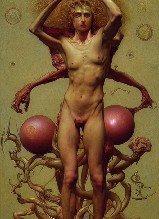 Prompt: hyper realistic painting of the golden discord, detailed and perfect face, perfect and proportional body, muscular, in the style of wayne barlowe, gustav moreau, goward, gaston bussiere and roberto ferri, santiago caruso, and austin osman spare, bouguereau, mucha, saturno butto, sorayama. occult art, alchemical diagram