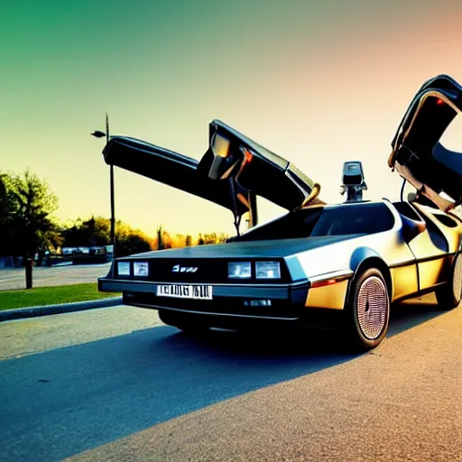 Prompt: michael jackson driving a delorean in a mid century modern style city during a green sunset