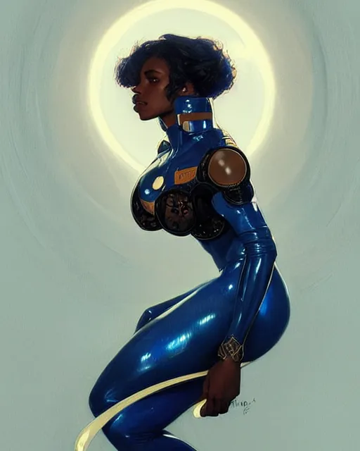 Image similar to Portrait of very very very very very very beautiful black woman, spacesuit, blue eyes, real life skin, intricate, elegant, highly detailed, artstation, concept art, smooth, sharp focus, art by artgerm and greg rutkowski and alphonse mucha